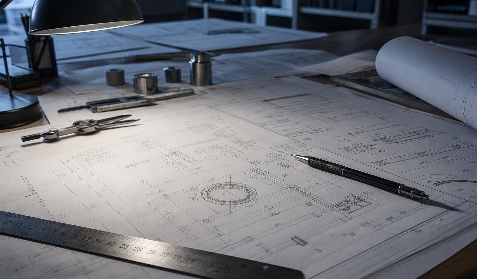 Drafting table with technical drawings, ruler and blueprint sheets