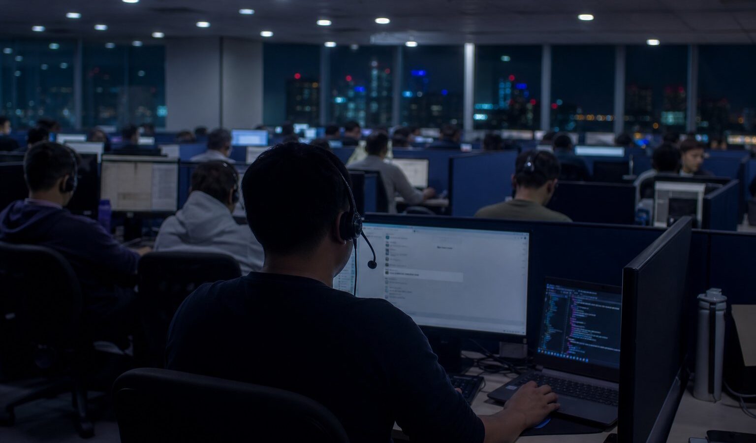 Night-shift call center floor with a code editor open on a second laptop