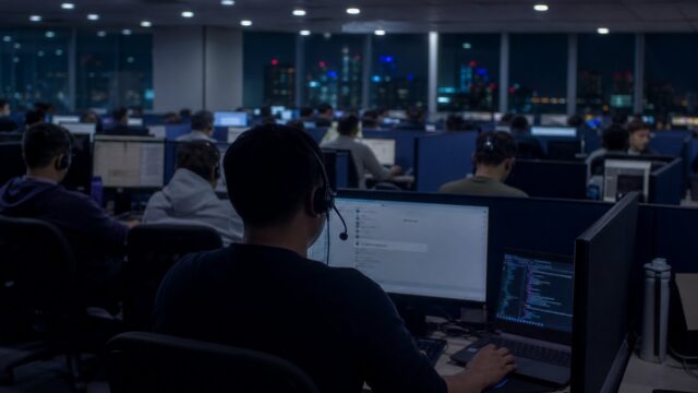 Night-shift call center floor with a code editor open on a second laptop