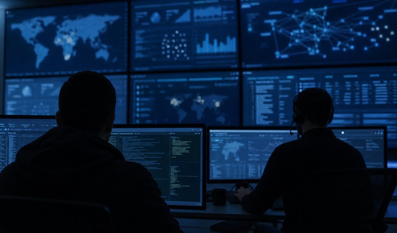 Analysts in a dim security operations center with network dashboards