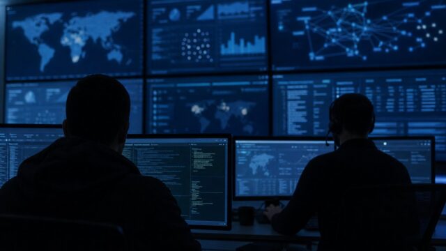 Analysts in a dim security operations center with network dashboards