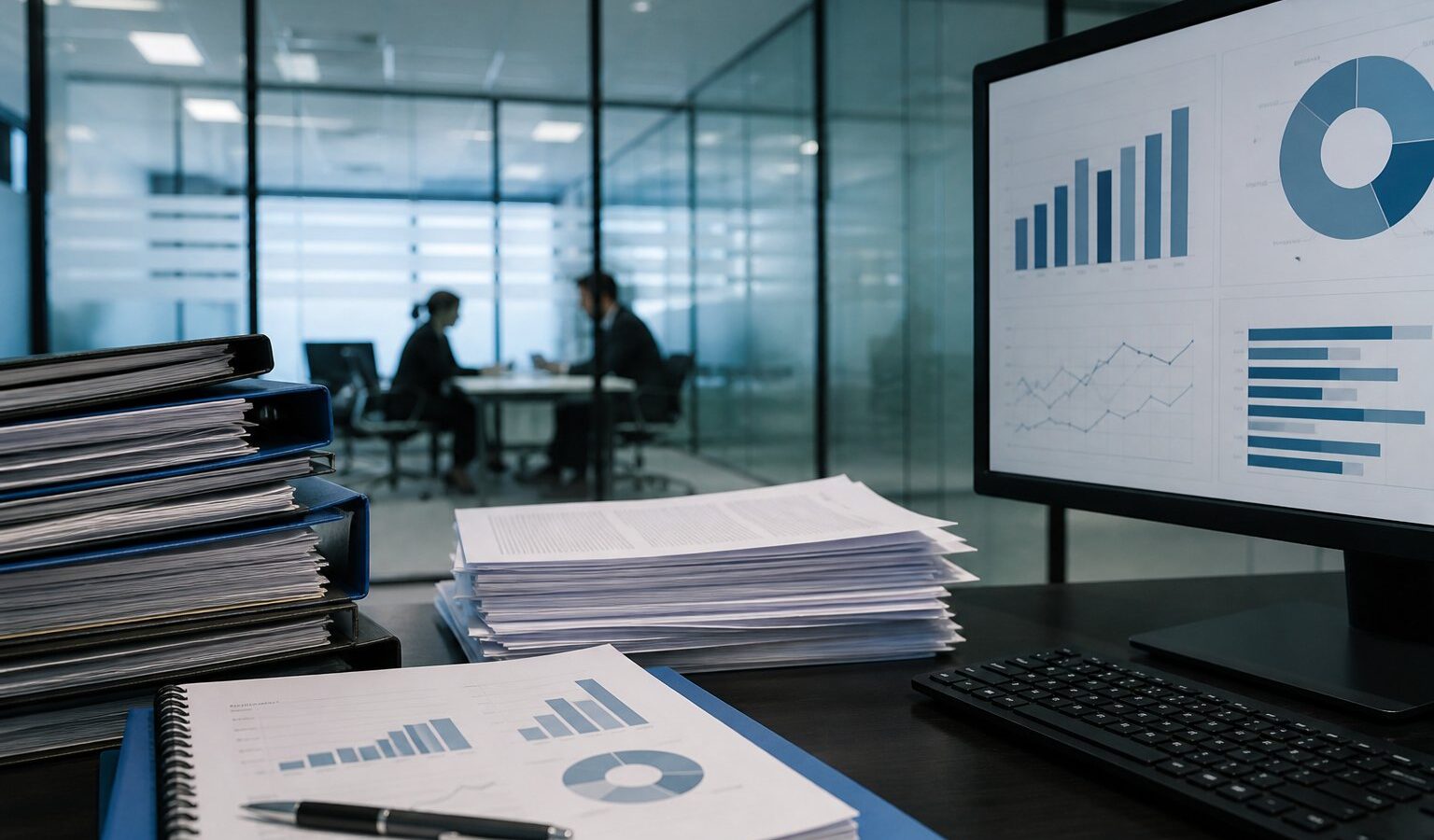 Compliance office desk with folders and reports beside a monitor
