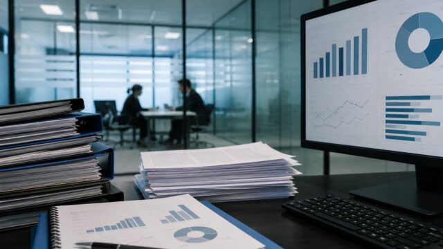 Compliance office desk with folders and reports beside a monitor