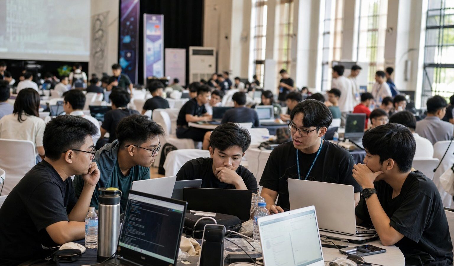 University students collaborating over laptops at a campus hackathon hall