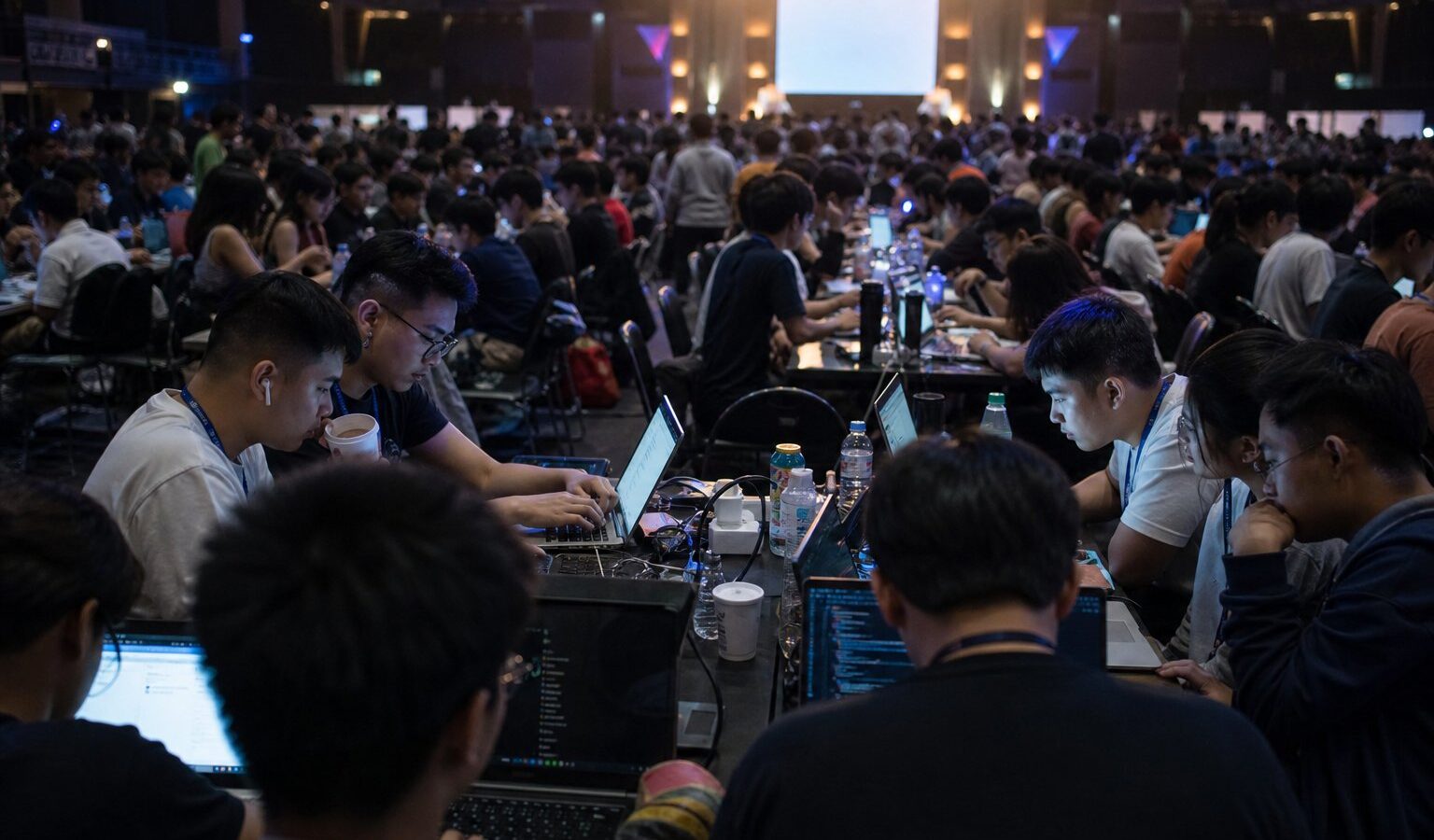 Student teams at long tables during a night hackathon in Manila