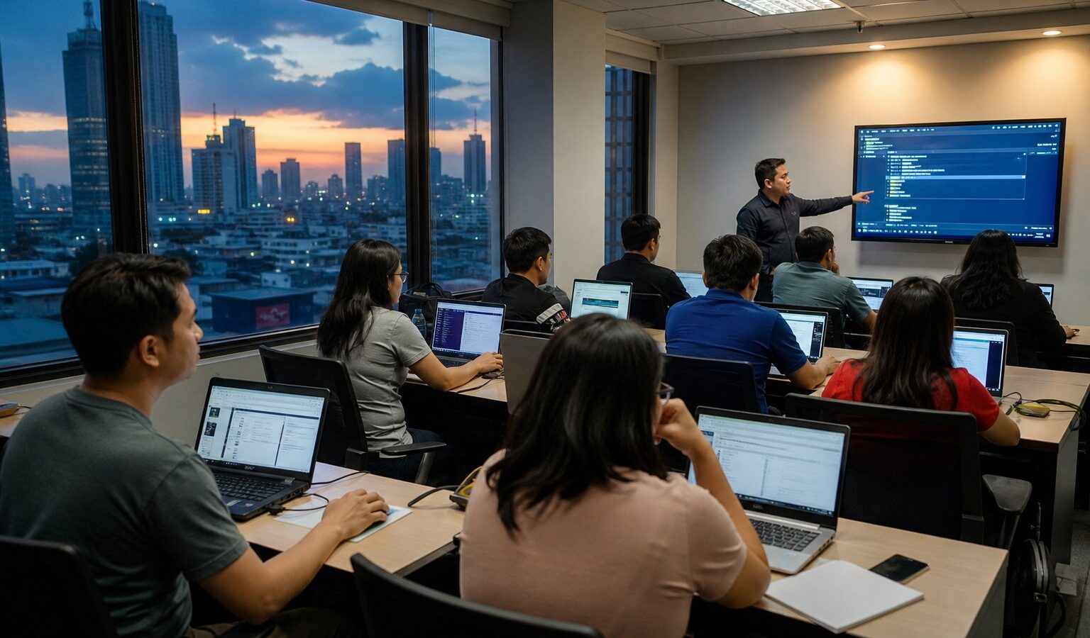 Students at laptops in a Manila IT training classroom during an evening session