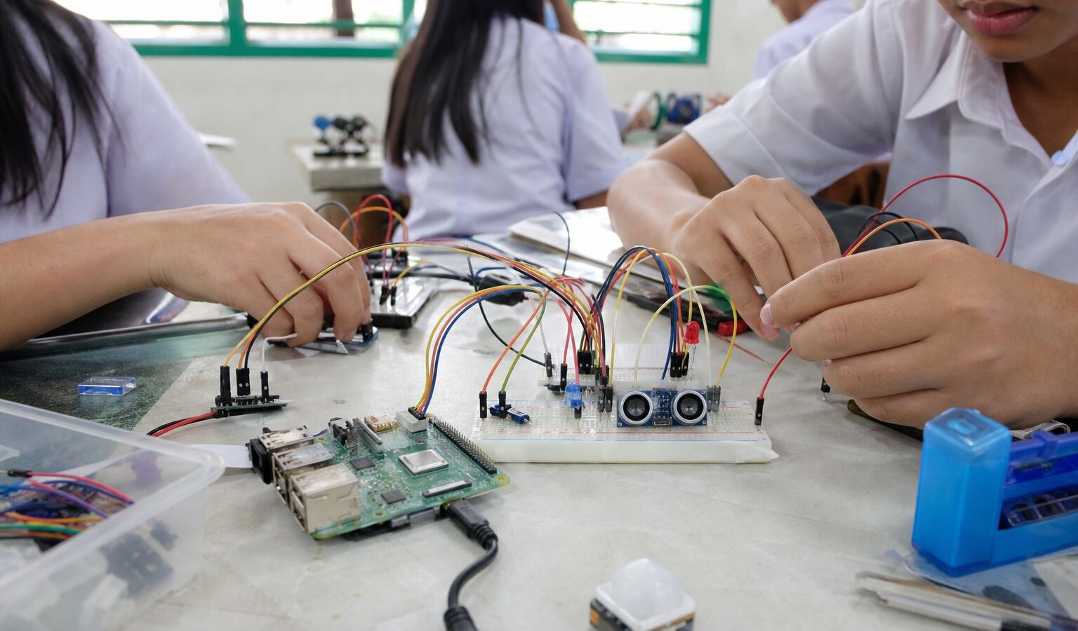 Classroom workbench with single-board computers, wires and sensors