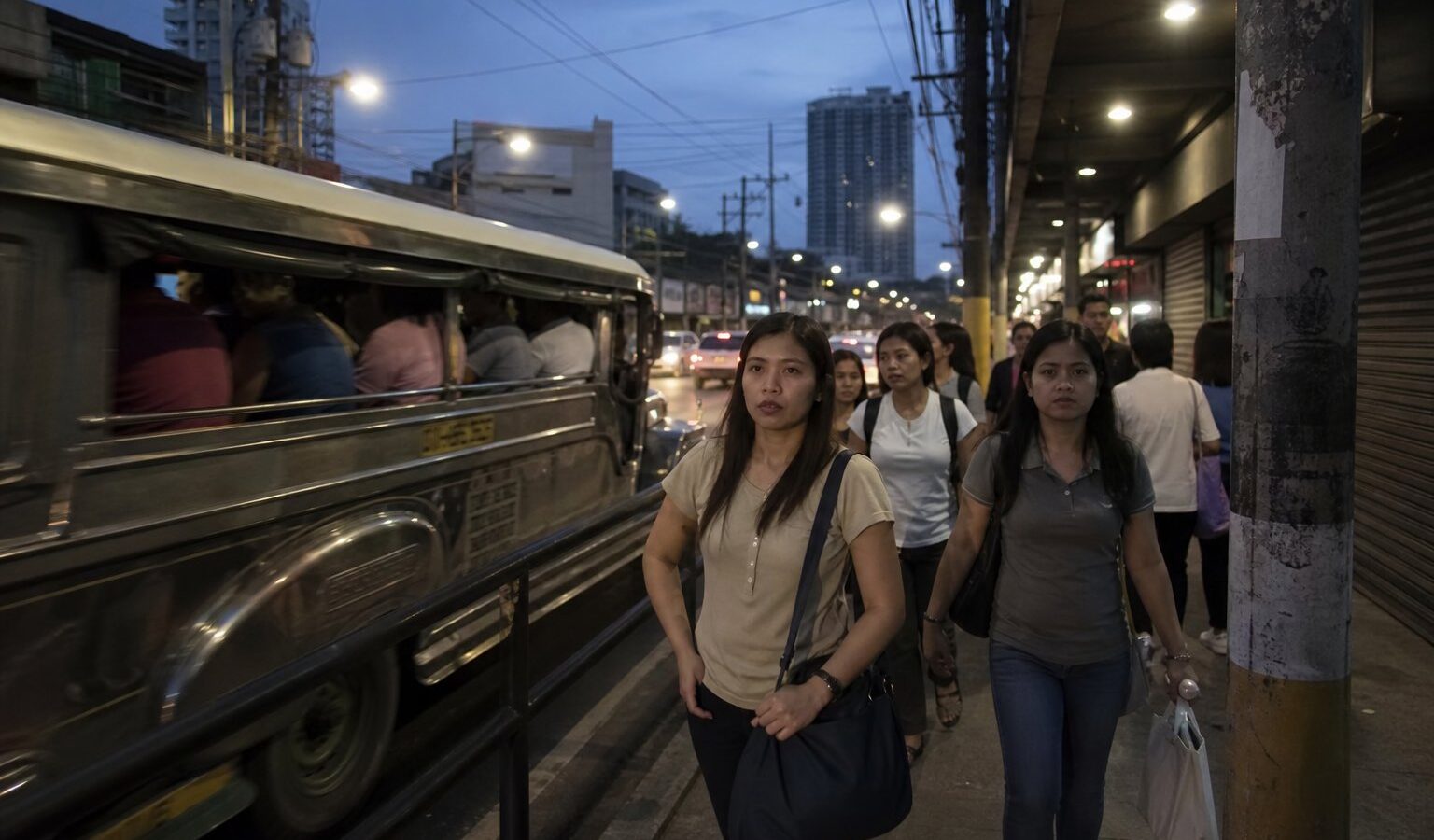 Commuters on a Quezon City street at dusk with a jeepney passing