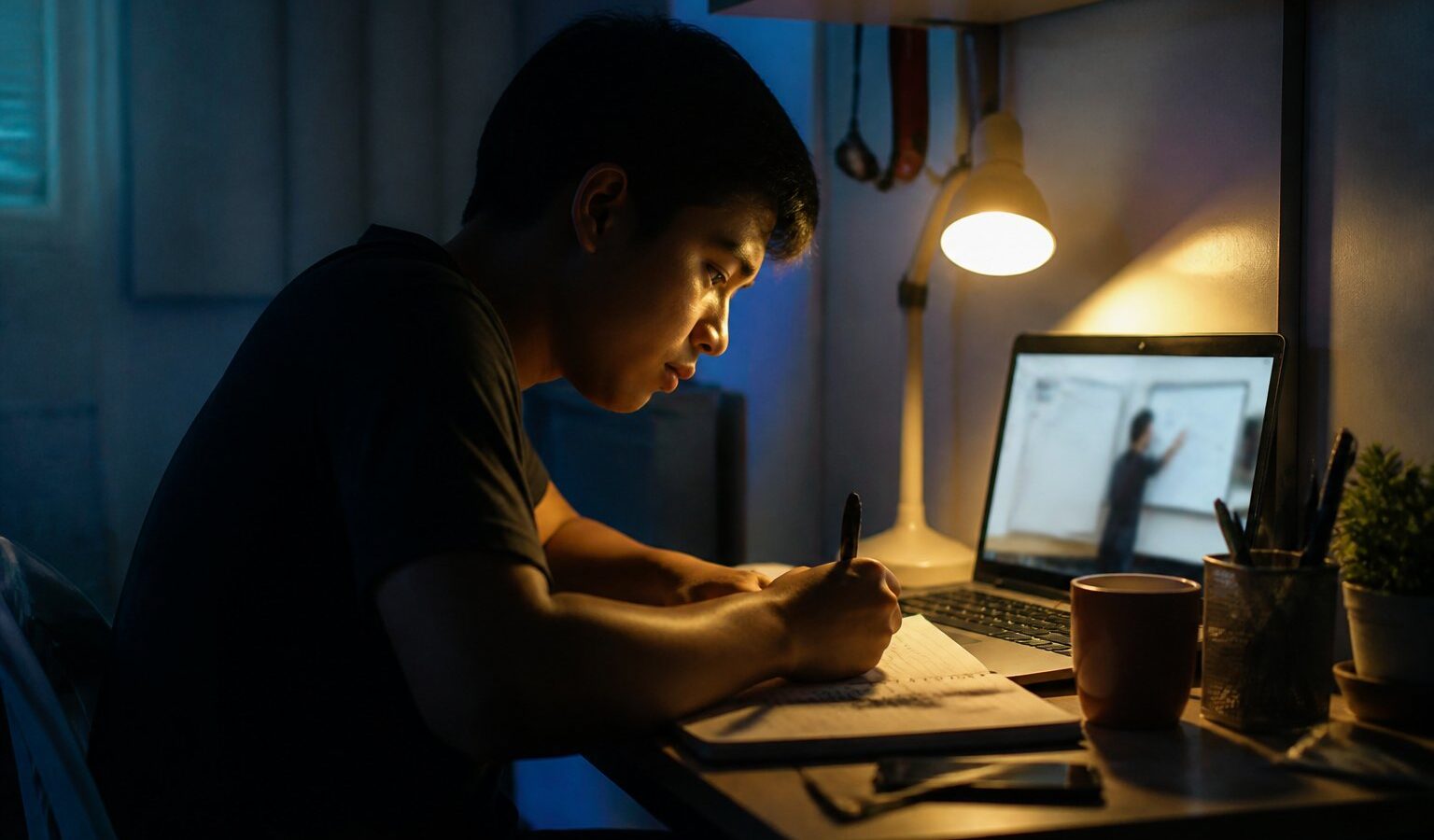 Adult studying an online course at a home desk at night