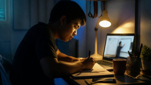 Adult studying an online course at a home desk at night